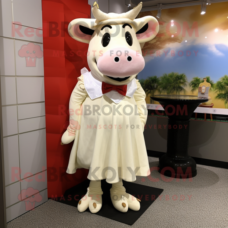 Cream Cow mascot costume character dressed with a Pleated Skirt and Foot pads