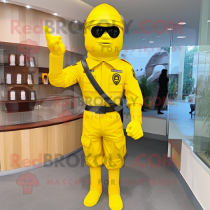 Yellow Army Soldier mascot costume character dressed with a Sheath Dress and Belts