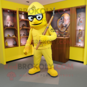 Yellow Army Soldier mascot costume character dressed with a Sheath Dress and Belts