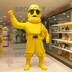 Yellow Army Soldier mascot costume character dressed with a Sheath Dress and Belts