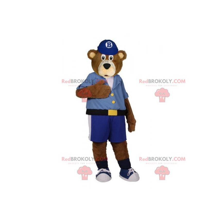 Brown bear mascot dressed in a shirt with shorts -