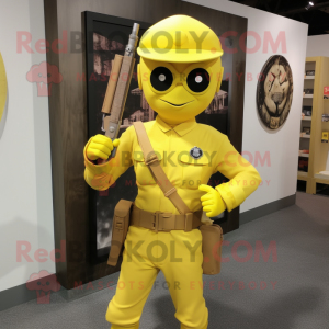 Yellow Army Soldier mascot costume character dressed with a Sheath Dress and Belts