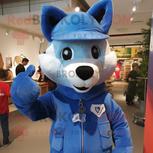 Blue Dingo mascot costume character dressed with a Overalls and Berets