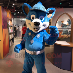 Blue Dingo mascot costume character dressed with a Overalls and Berets