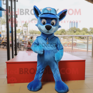 Blue Dingo mascot costume character dressed with a Overalls and Berets