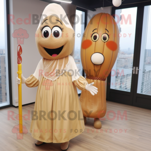Beige Shakshuka mascot costume character dressed with a Maxi Dress and Hairpins