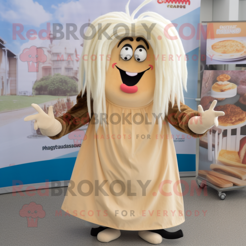 Beige Shakshuka mascot costume character dressed with a Maxi Dress and Hairpins Beige Shakshuka mascot costume character dressed with a Maxi Dress and Hairpins