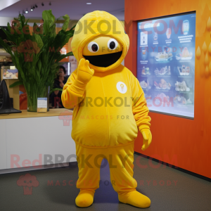 Yellow Mango mascot costume character dressed with a Hoodie and Caps