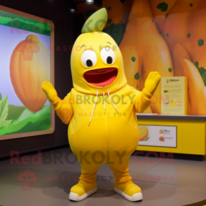 Yellow Mango mascot costume character dressed with a Hoodie and Caps