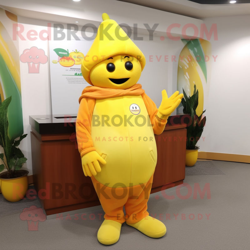 Yellow Mango mascot costume character dressed with a Hoodie and Caps Yellow Mango mascot costume character dressed with a Hoodie and Caps