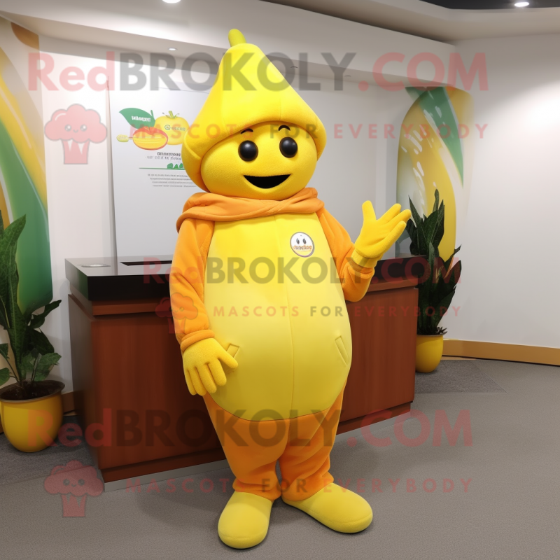 Yellow Mango mascot costume character dressed with a Hoodie and Caps