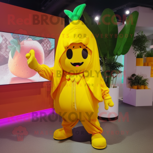 Yellow Mango mascot costume character dressed with a Hoodie and Caps