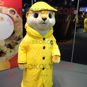 Lemon Yellow Mongoose mascot costume character dressed with a Parka and Pocket squares