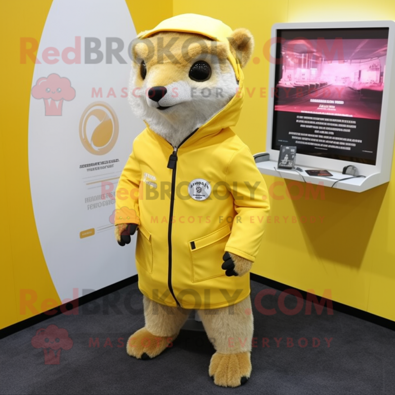 Lemon Yellow Mongoose mascot costume character dressed with a Parka and Pocket squares Lemon Yellow Mongoose mascot costume character dressed with a Parka and Pocket squares