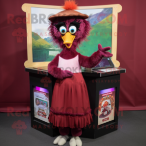 Maroon Emu mascot costume character dressed with a Skirt and Headbands