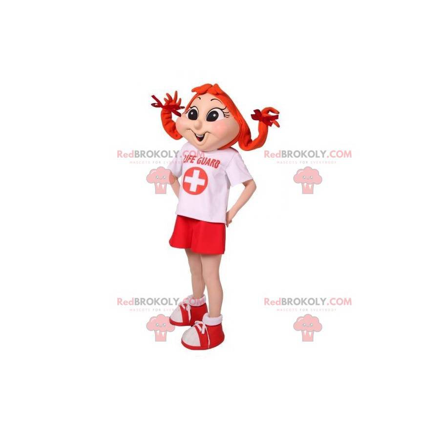 Rødhåret jente maskot med dyner - Redbrokoly.com