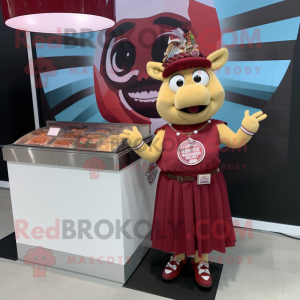 Maroon Pulled Pork Sandwich mascot costume character dressed with a Maxi Skirt and Bracelet watches