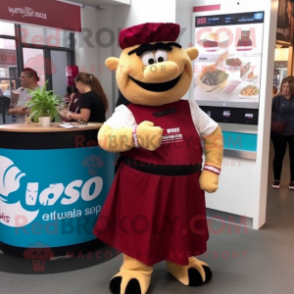 Maroon Pulled Pork Sandwich mascot costume character dressed with a Maxi Skirt and Bracelet watches