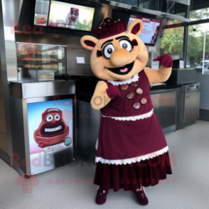 Maroon Pulled Pork Sandwich mascot costume character dressed with a Maxi Skirt and Bracelet watches