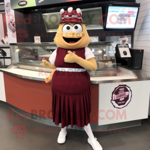 Maroon Pulled Pork Sandwich mascot costume character dressed with a Maxi Skirt and Bracelet watches
