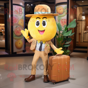 Gold Grapefruit mascot costume character dressed with a Oxford Shirt and Wallets