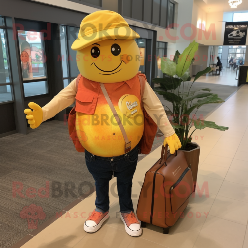Gold Grapefruit mascot costume character dressed with a Oxford Shirt and Wallets Gold Grapefruit mascot costume character dressed with a Oxford Shirt and Wallets