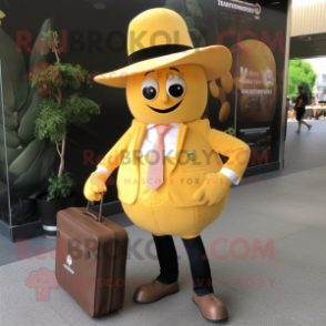 Gold Grapefruit mascot costume character dressed with a Oxford Shirt and Wallets