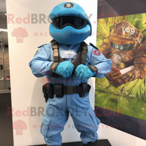 Blue Para Commando mascot costume character dressed with a Graphic Tee and Bracelets