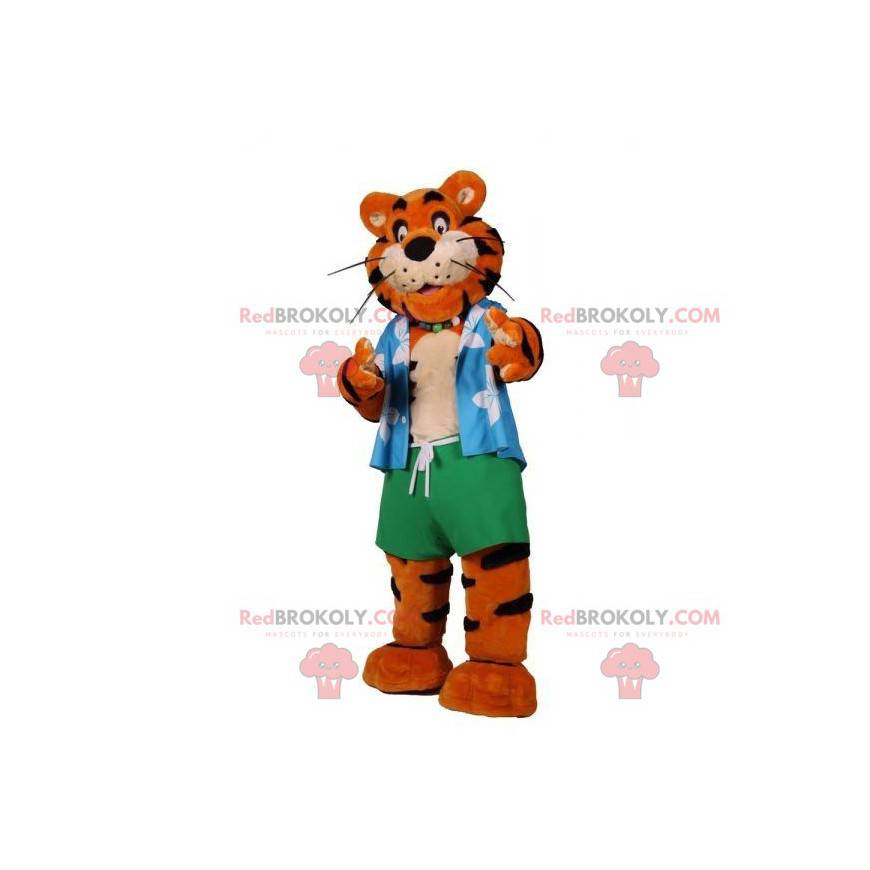 Mascotte de tigre orange et noir en tenue de vacancier -