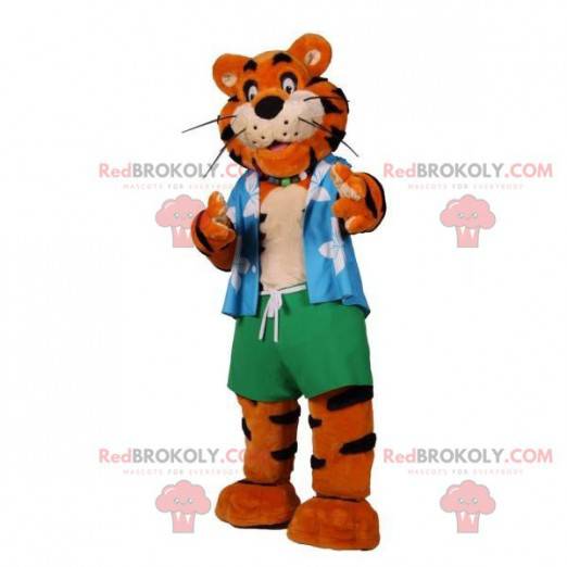 Mascote tigre laranja e preto vestido de veranista -