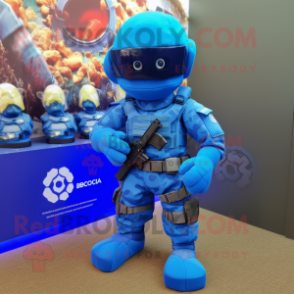 Blue Para Commando mascot costume character dressed with a Graphic Tee and Bracelets