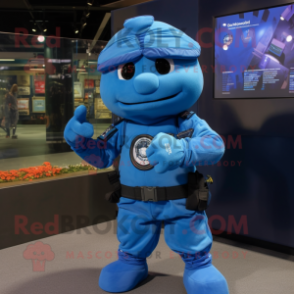 Blue Para Commando mascot costume character dressed with a Graphic Tee and Bracelets