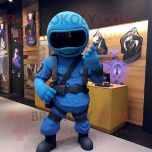 Blue Para Commando mascot costume character dressed with a Graphic Tee and Bracelets
