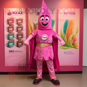 Pink Tikka Masala mascot costume character dressed with a Bermuda Shorts and Keychains