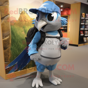 Gray Blue Jay mascot costume character dressed with a Hoodie and Backpacks