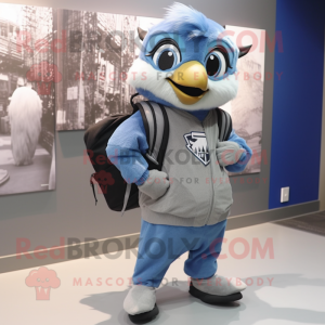 Gray Blue Jay mascot costume character dressed with a Hoodie and Backpacks