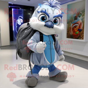 Gray Blue Jay mascot costume character dressed with a Hoodie and Backpacks