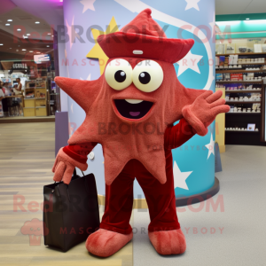 Maroon Starfish mascot costume character dressed with a Corduroy Pants and Wallets