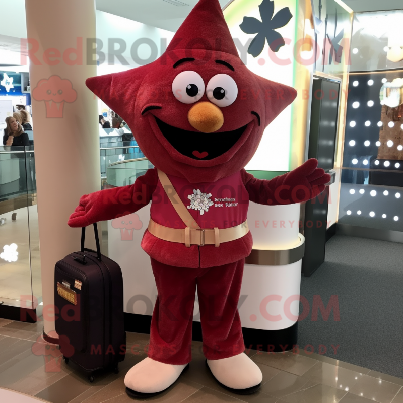 Maroon Starfish mascot costume character dressed with a Corduroy Pants and Wallets Maroon Starfish mascot costume character dressed with a Corduroy Pants and Wallets