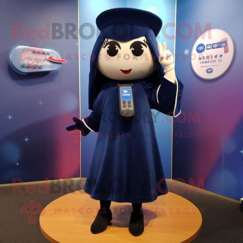 Navy Phone mascot costume character dressed with a Mini Skirt and Shawl pins Navy Phone mascot costume character dressed with a Mini Skirt and Shawl pins