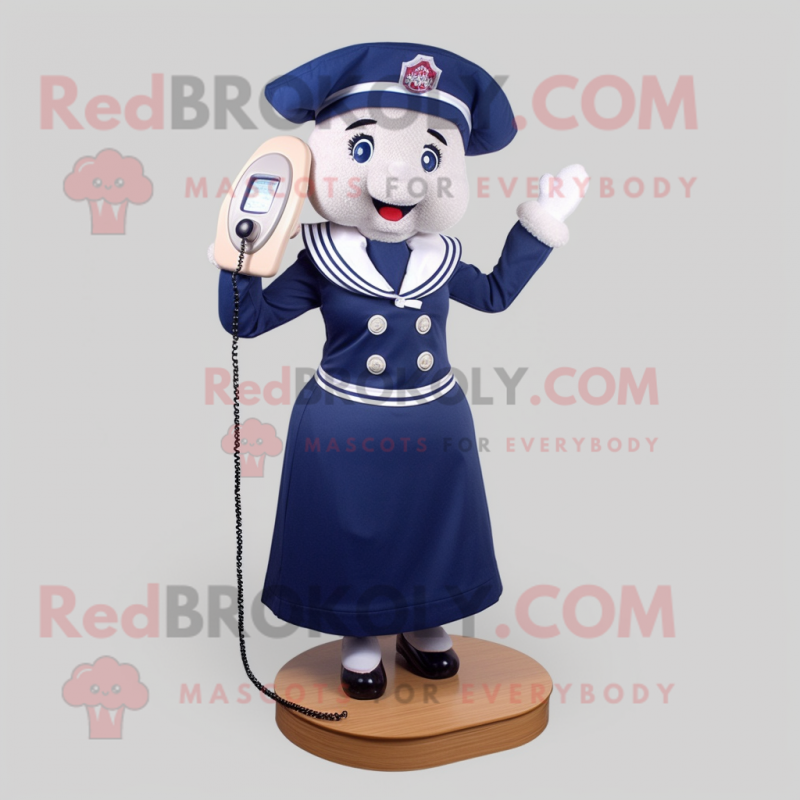 Navy Phone mascot costume character dressed with a Mini Skirt and Shawl pins Navy Phone mascot costume character dressed with a Mini Skirt and Shawl pins