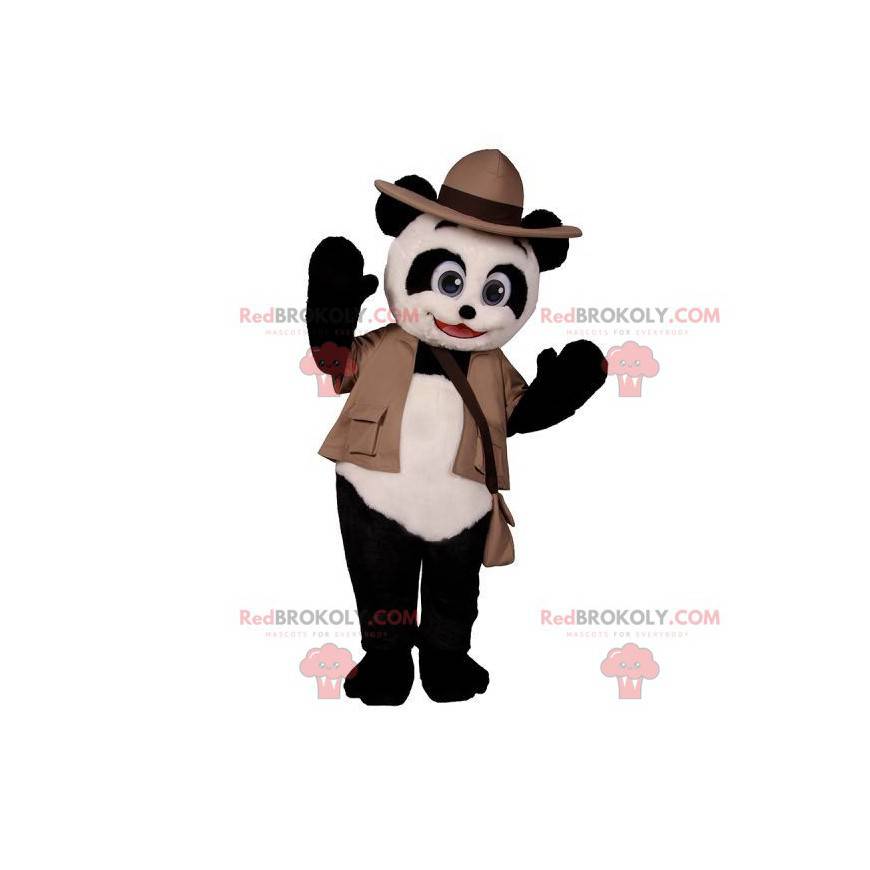 Mascotte de panda noir et blanc en tenue d'aventurier -