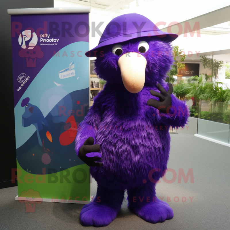 Purple Kiwi mascot costume character dressed with a Polo Tee and Gloves