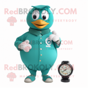 Teal Petanque Ball mascot costume character dressed with a Coat and Digital watches