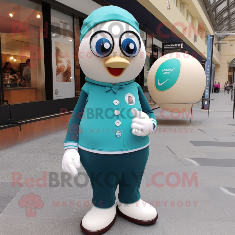 Teal Petanque Ball mascot costume character dressed with a Coat and Digital watches