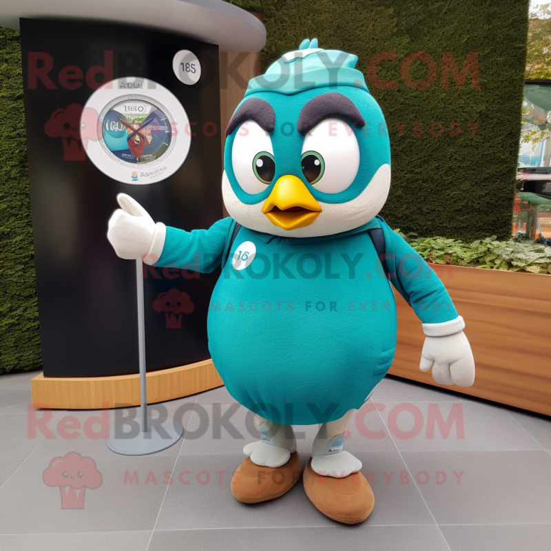 Teal Petanque Ball mascot costume character dressed with a Coat and Digital watches Teal Petanque Ball mascot costume character dressed with a Coat and Digital watches