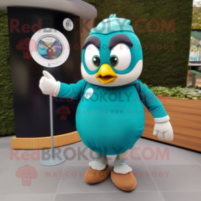 Teal Petanque Ball mascot costume character dressed with a Coat and Digital watches