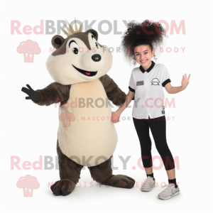 Beige Skunk mascot costume character dressed with a Bermuda Shorts and Hair clips