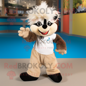 Beige Skunk mascot costume character dressed with a Bermuda Shorts and Hair clips