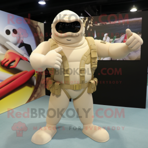 Cream Para Commando mascot costume character dressed with a Bikini and Cufflinks